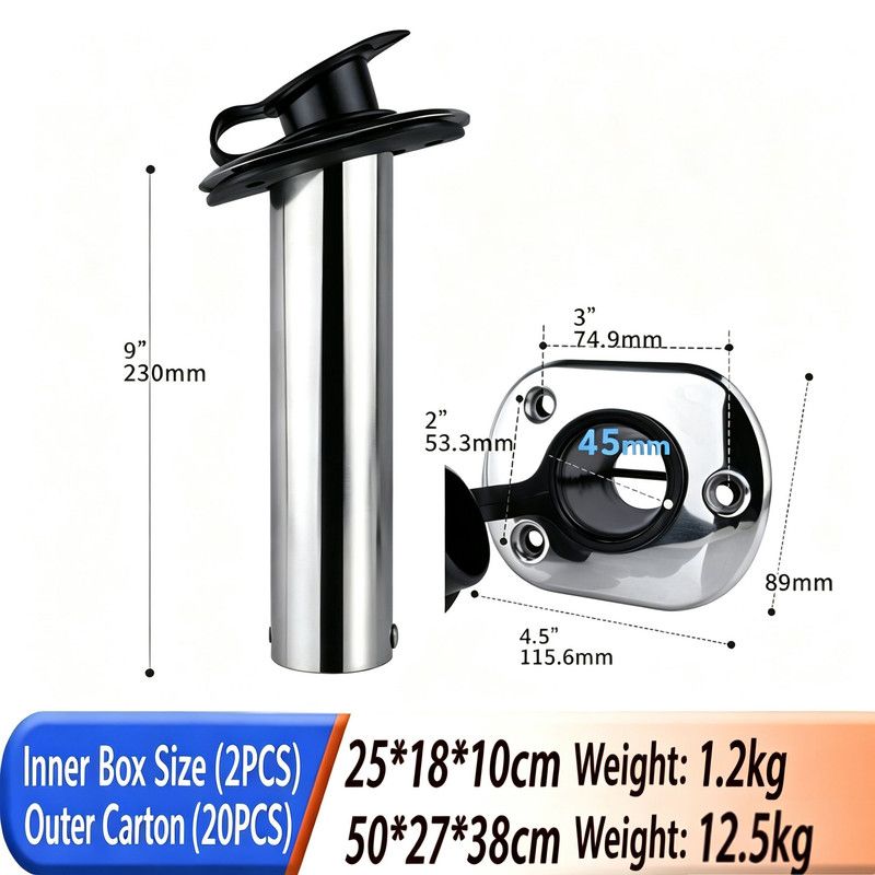 2 Pcs Stainless Steel Flush Mount Rod Holder 30°,  Marine Fishing Rod Holder with PVC Liner & Drain Hole, Boat Built-in Rod Mount for Yacht, Vessel, Kayak Fishing