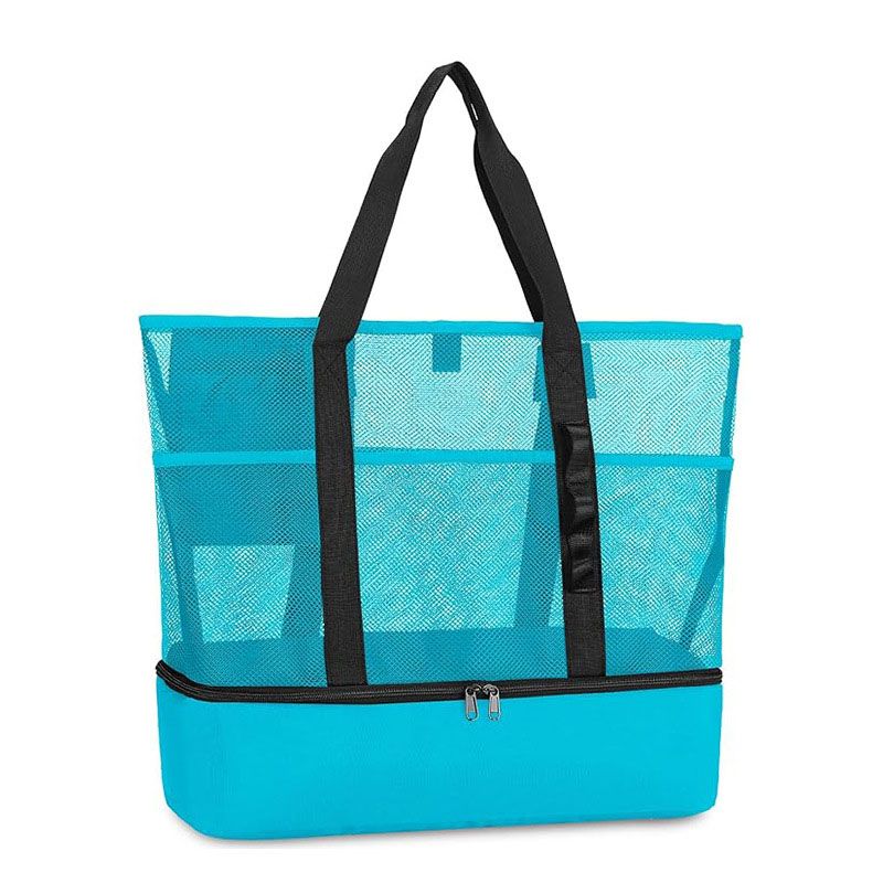 Dual Compartment Dry Wet Separation Beach Cooler Bag, Large Capacity Mesh Tote Bag, Oxford Insulated Lunch Bag for Picnic Swimming Camping Outdoor Travel(Blue)