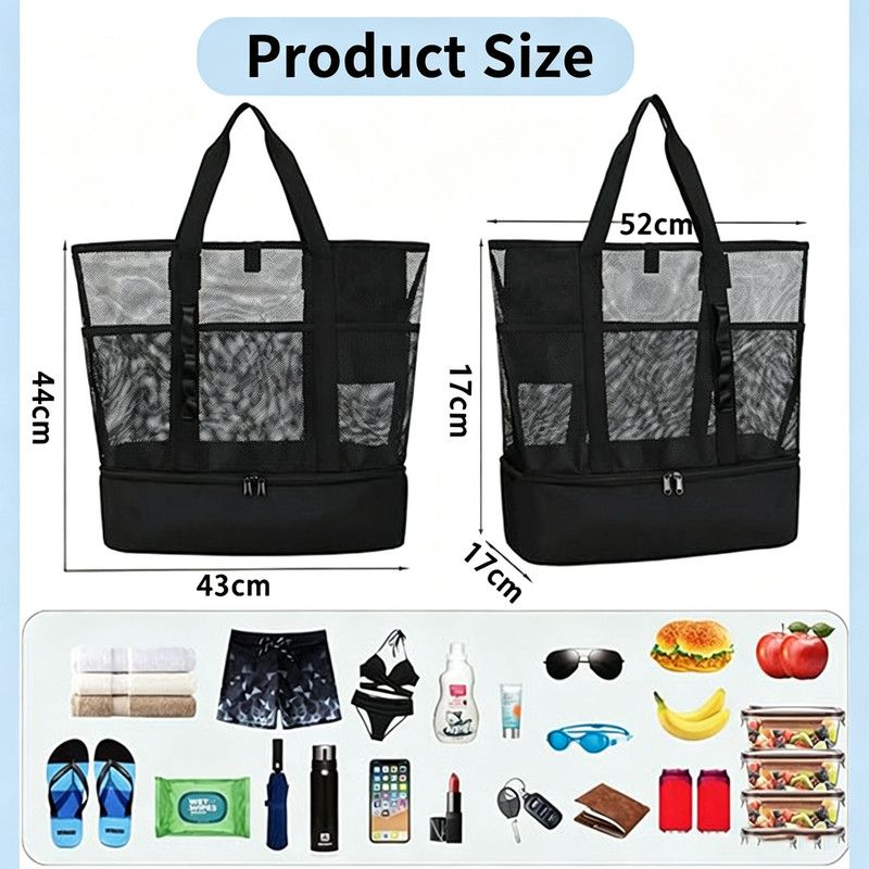 Dual Compartment Dry Wet Separation Beach Cooler Bag, Large Capacity Mesh Tote Bag, Oxford Insulated Lunch Bag for Picnic Swimming Camping Outdoor Travel(Blue)