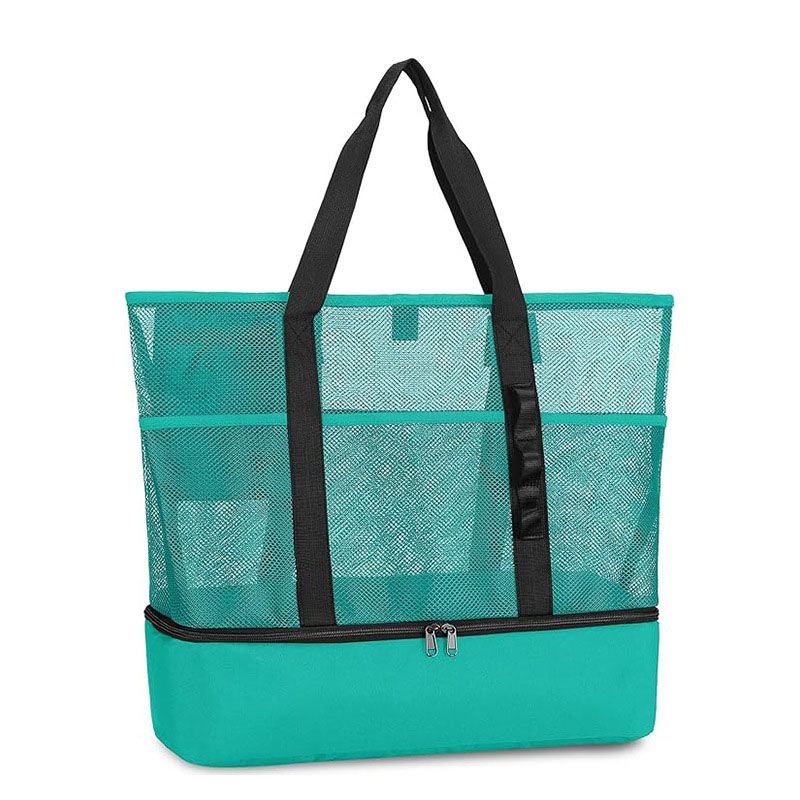 Dual Compartment Dry Wet Separation Beach Cooler Bag, Large Capacity Mesh Tote Bag, Oxford Insulated Lunch Bag for Picnic Swimming Camping Outdoor Travel(Green)