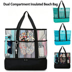 Dual Compartment Dry Wet Separation Beach Cooler Bag, Large Capacity Mesh Tote Bag, Oxford Insulated Lunch Bag for Picnic Swimming Camping Outdoor Travel(Green)