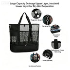 Dual Compartment Dry Wet Separation Beach Cooler Bag, Large Capacity Mesh Tote Bag, Oxford Insulated Lunch Bag for Picnic Swimming Camping Outdoor Travel(Green)