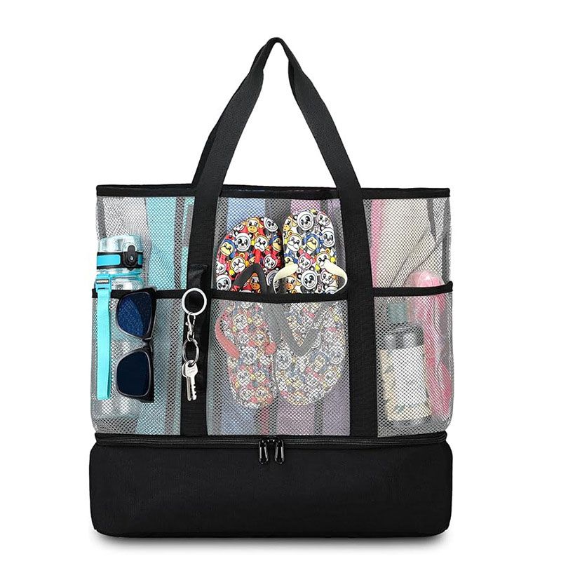 Dual Compartment Dry Wet Separation Beach Cooler Bag, Large Capacity Mesh Tote Bag, Oxford Insulated Lunch Bag for Picnic Swimming Camping Outdoor Travel(Dark gray)