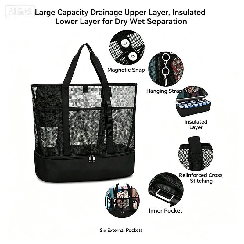 Dual Compartment Dry Wet Separation Beach Cooler Bag, Large Capacity Mesh Tote Bag, Oxford Insulated Lunch Bag for Picnic Swimming Camping Outdoor Travel(Dark gray)