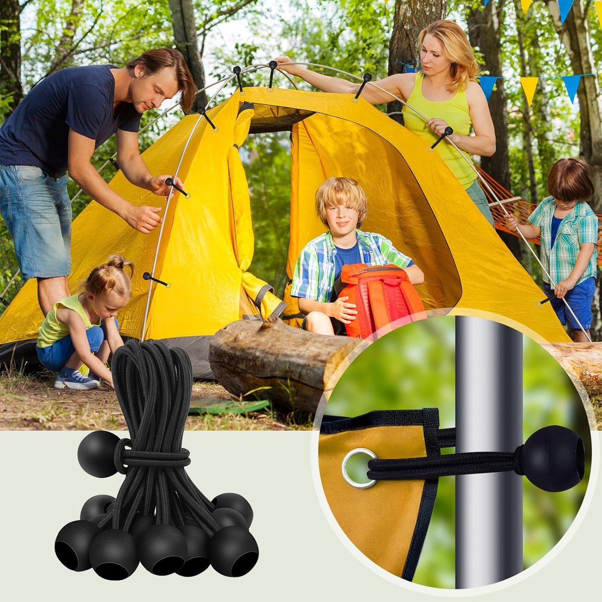 30 elastic cords, 10 cm long - with ball joints - black - sturdy rubber tensioners - for securing tarpaulins, camping tents, luggage cables, and awnings.