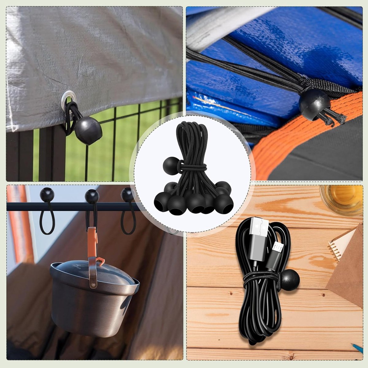 30 elastic cords, 10 cm long - with ball joints - black - sturdy rubber tensioners - for securing tarpaulins, camping tents, luggage cables, and awnings.