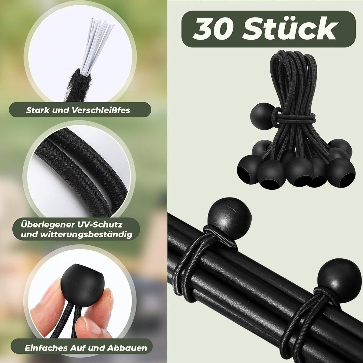 30 elastic cords, 10 cm long - with ball joints - black - sturdy rubber tensioners - for securing tarpaulins, camping tents, luggage cables, and awnings.