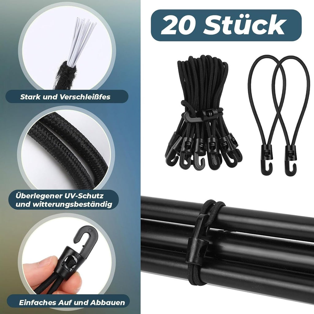 Elastic ropes with hooks - 20 pieces, 10 cm each - Multifunctional tarpaulin tensioner - Rubber tensioner - Suitable for tarpaulins, tents, camping