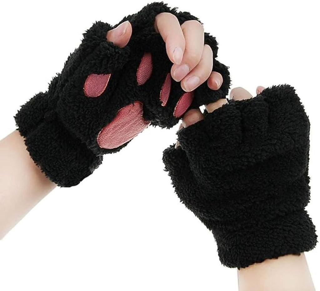 gloves-winter gloves-half-finger gloves - Extra thick men's gloves-women's gloves-warm gloves for women and girls - Cartoon panda paw