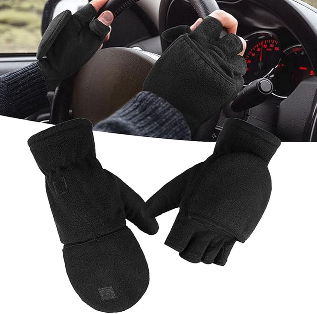 Fingerless Knitted Gloves with Hood - Winter Gloves - , Fingerless Polar Fleece Gloves - Fingerless Warm Gloves - Windproof Gloves with Flip Cover for Men and Women - 1 Pair