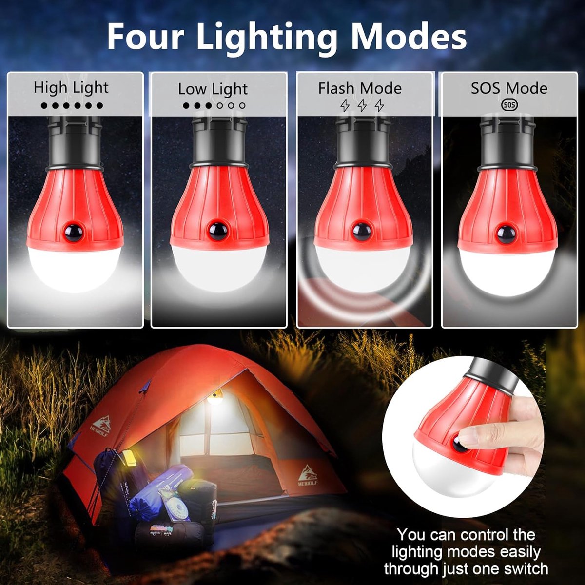 Camping Lamp - 4-Piece - Camping - Creative Adjustable LED Tent Lamp - Portable Camping Lamp - Camp Lamp - Tent Lighting - Lights - IPX4 Waterproof - Bright - Battery Operated Emergency - 4 Lighting Modes - for Outdoor / Fishing / Travel / Camping