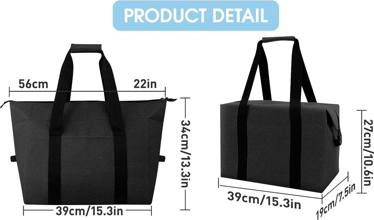 Cooler Bags - Lunch Bag - Foldable Cooler Bag - 20 L - 30x27x19 Cm - Insulation - 300D Oxford Cloth - Handle Strap - Cooler Bag - Lunch Bag - Insulated Cooler Bag - Picnic Bag - Cooler Lunch Bag - Handbag - Shopping Bag - Black - Sustainable