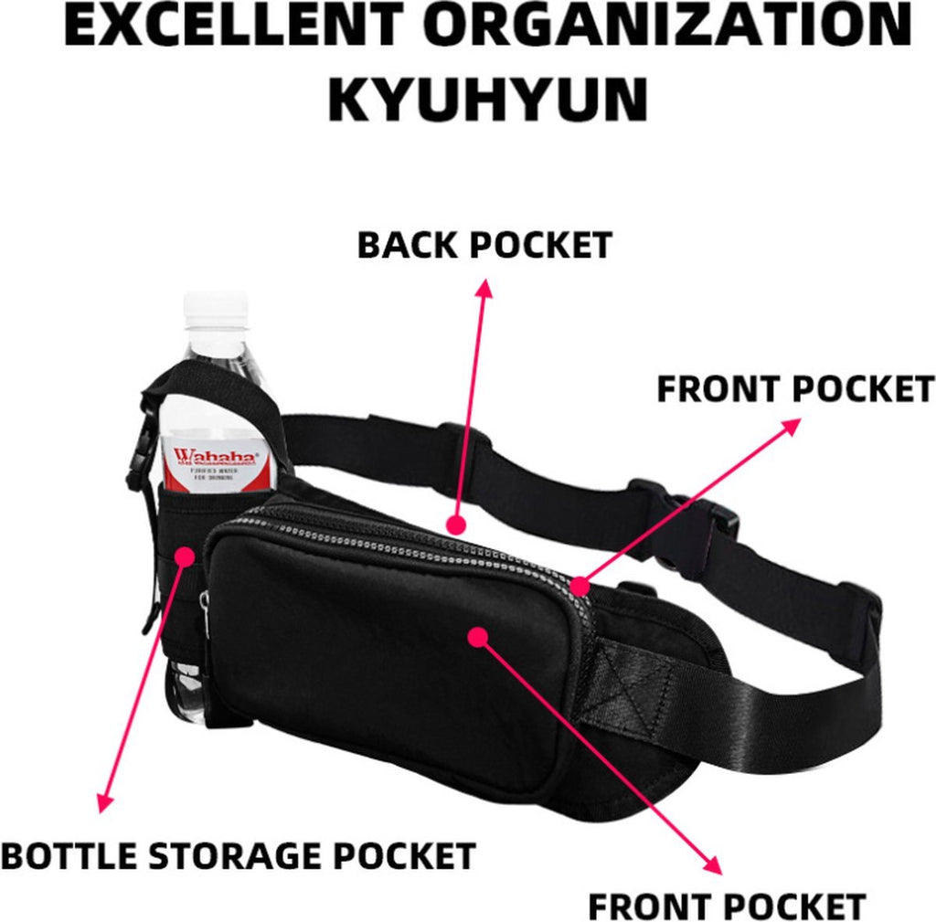 Waist Bag with Bottle Holder - Hiking Waist Bag with Bottle Holder - Outdoor Pouch Bag with Water Bottle / Bib Holder - Ideal for Festivals or Vacations - Multifunctional Strap - Adjustable - For Hiking, Dog Walks, Outdoor Activities - Black