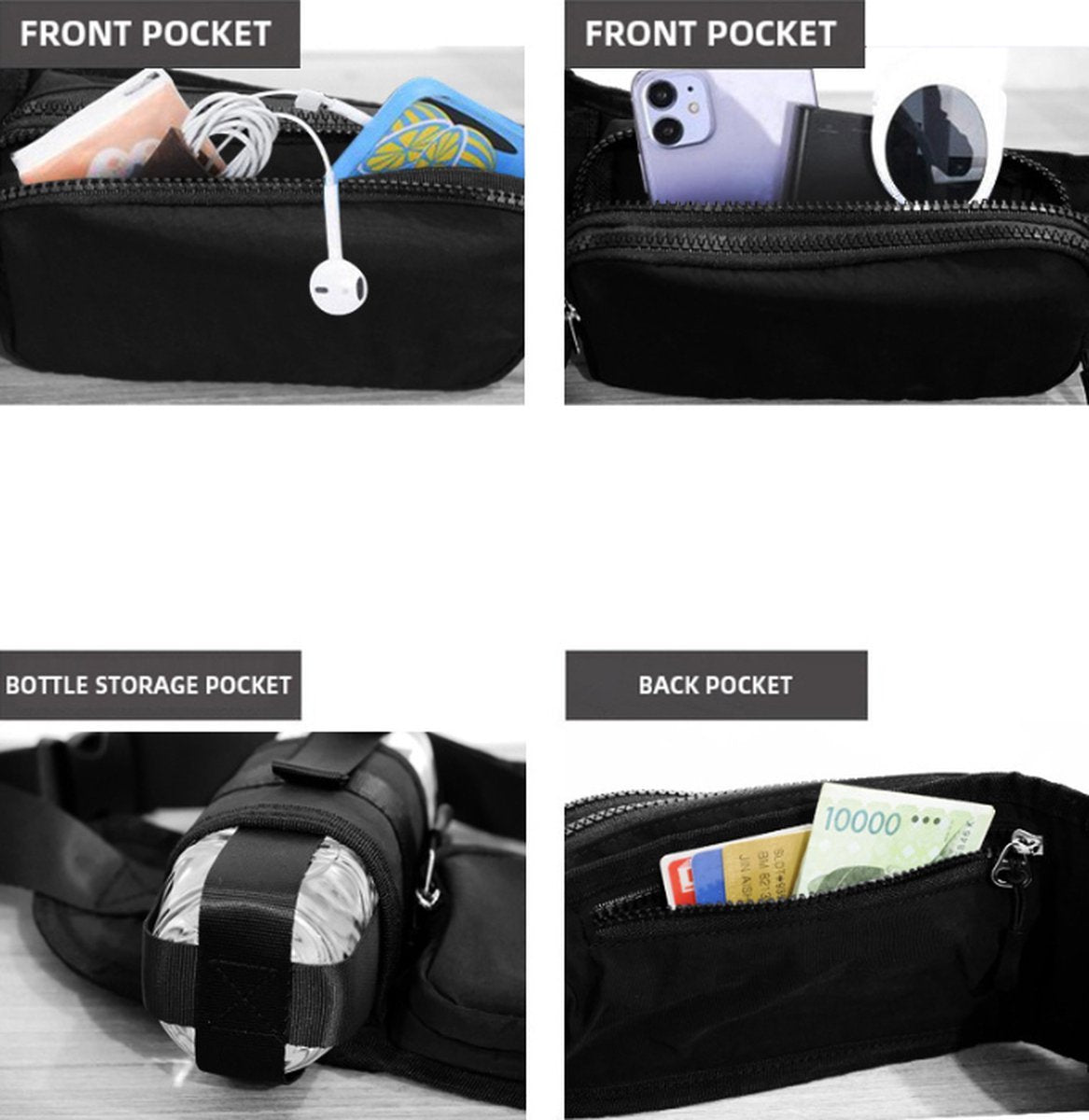 Waist Bag with Bottle Holder - Hiking Waist Bag with Bottle Holder - Outdoor Pouch Bag with Water Bottle / Bib Holder - Ideal for Festivals or Vacations - Multifunctional Strap - Adjustable - For Hiking, Dog Walks, Outdoor Activities - Black