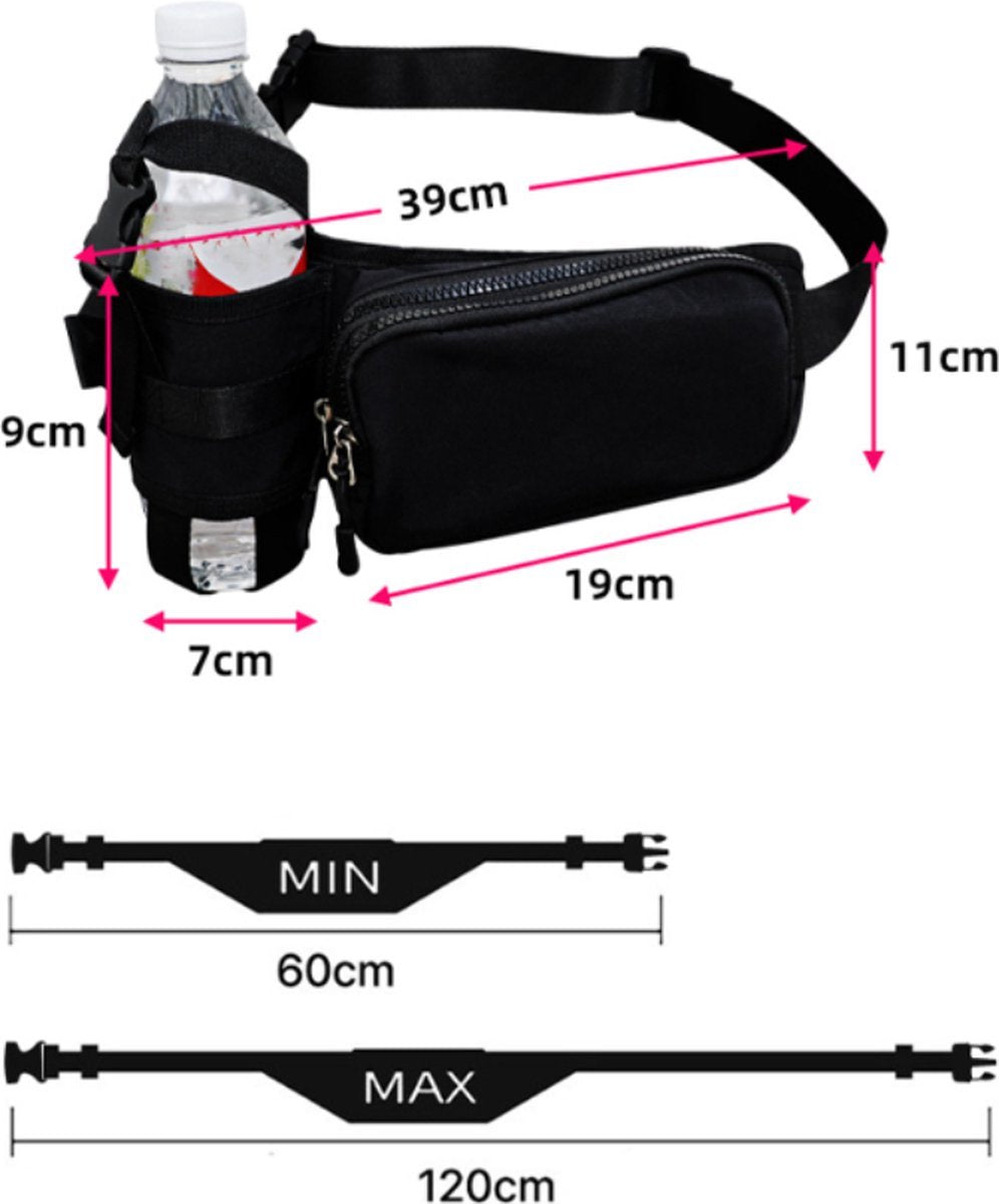 Waist Bag with Bottle Holder - Hiking Waist Bag with Bottle Holder - Outdoor Pouch Bag with Water Bottle / Bib Holder - Ideal for Festivals or Vacations - Multifunctional Strap - Adjustable - For Hiking, Dog Walks, Outdoor Activities - Black