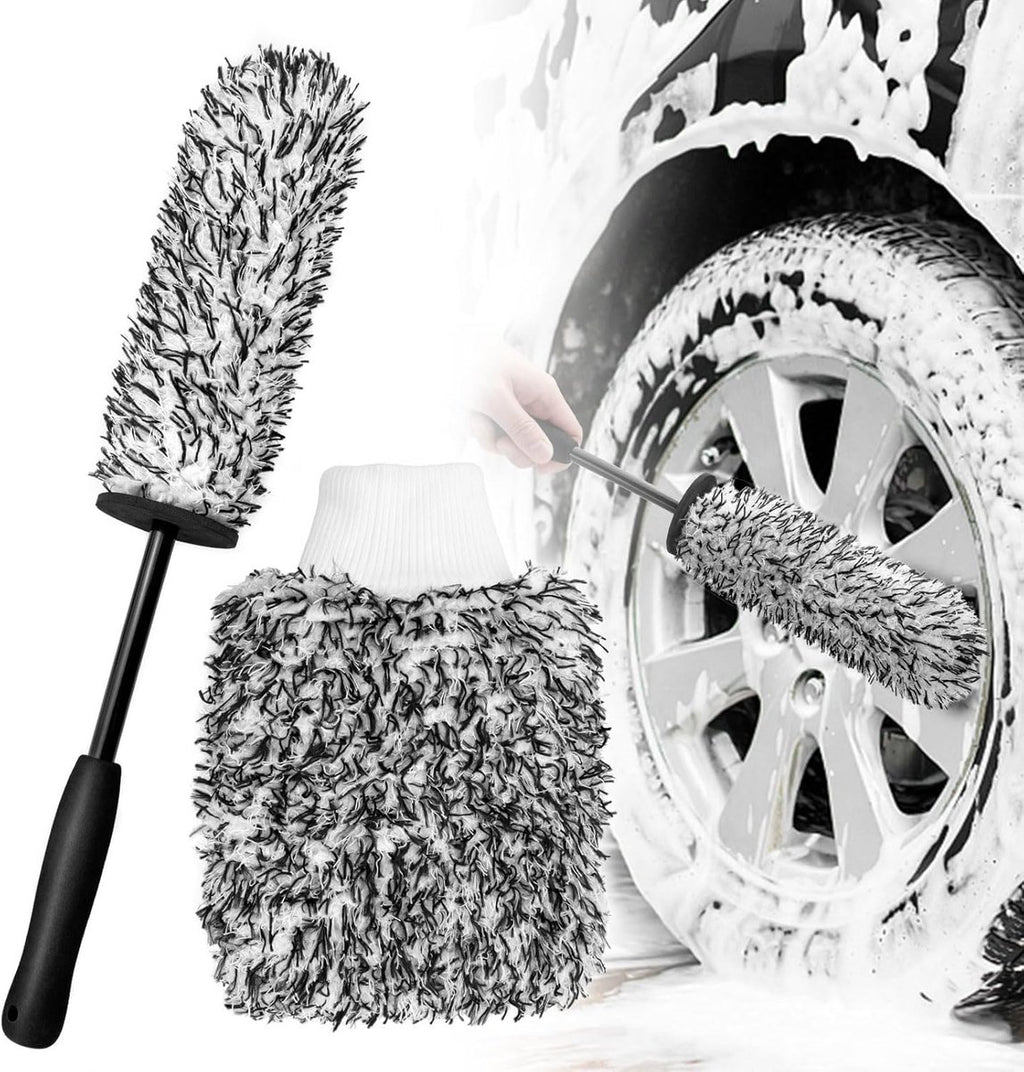 Rim Brush - Car Wheel Brush with Car Wash Glove - Microfiber Rim Brush - Tire Brush - Wheel Brush - Rim Cleaner - Car Rim Brush - Car Wheel Cleaning Brush - Detachable - Car Brush - Car Cleaning Set - Black