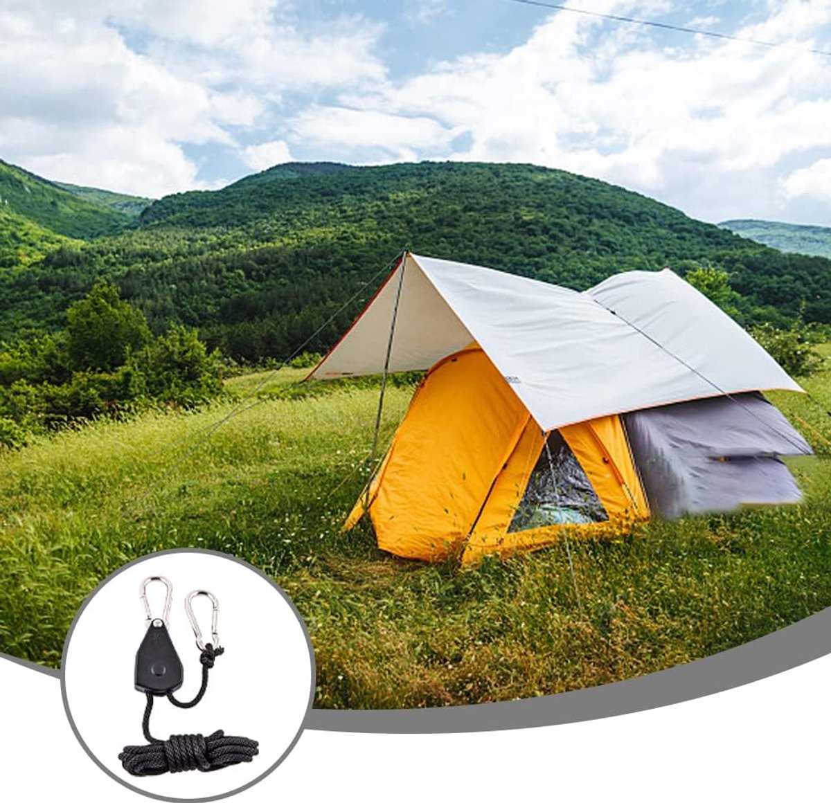 4 pieces - 2m - heavy duty rope hanger - hanger rope - adjustable - plant hanging rope - lamp hanging rope - tent canopy rope stopper buckle - tent guy lines - with pulley - outdoor accessories - for camping and hiking outdoors - black