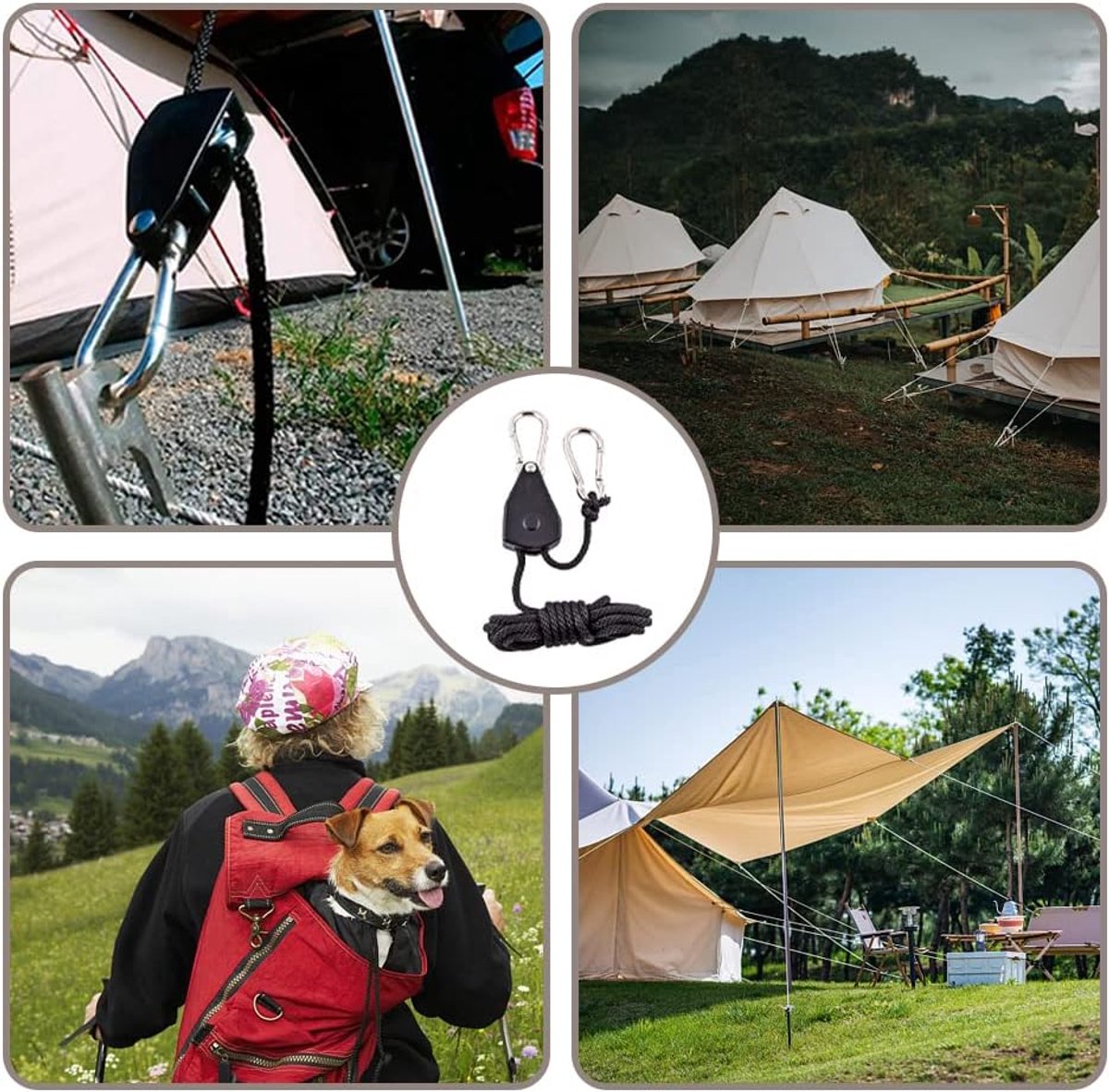 4 pieces - 2m - heavy duty rope hanger - hanger rope - adjustable - plant hanging rope - lamp hanging rope - tent canopy rope stopper buckle - tent guy lines - with pulley - outdoor accessories - for camping and hiking outdoors - black