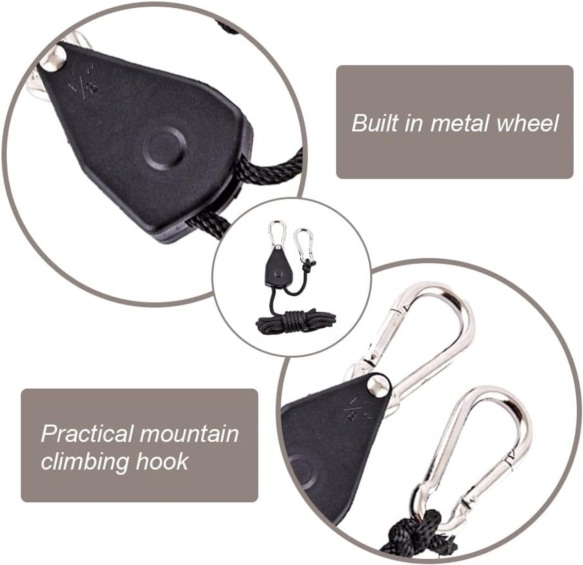 4 pieces - 2m - heavy duty rope hanger - hanger rope - adjustable - plant hanging rope - lamp hanging rope - tent canopy rope stopper buckle - tent guy lines - with pulley - outdoor accessories - for camping and hiking outdoors - black