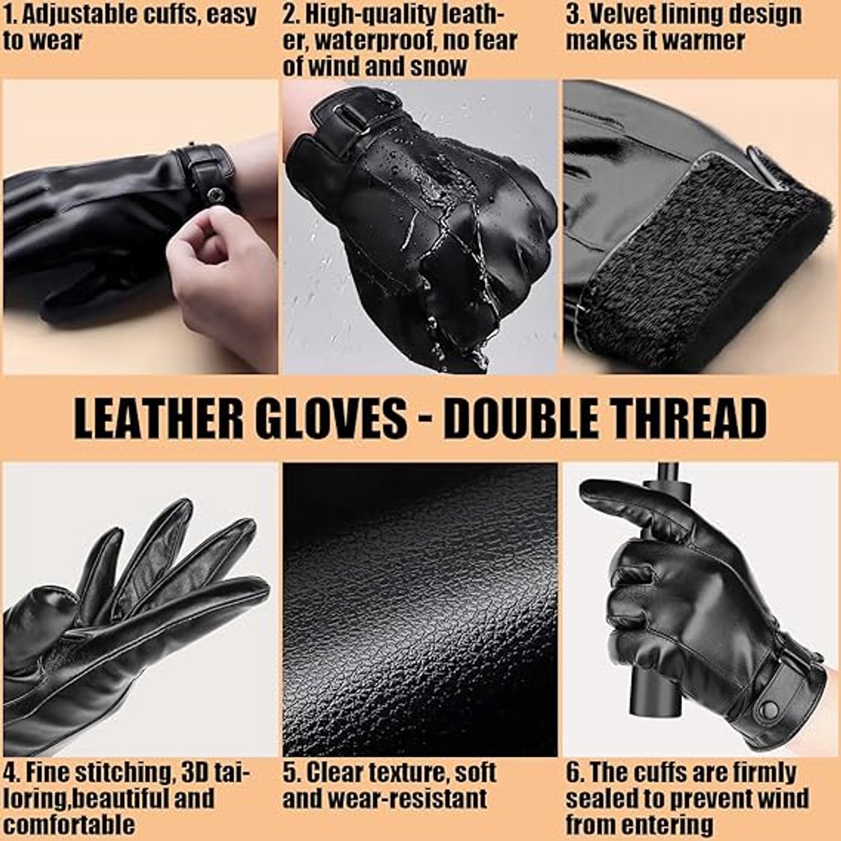 Gloves - Cycling Gloves - Winter Cycling Gloves - Touchscreen Gloves - Men's Leather Gloves - Winter Gloves - Winter and Outdoor Sports - Warm and Stylish Gloves - Cycling - Touchscreen - Black