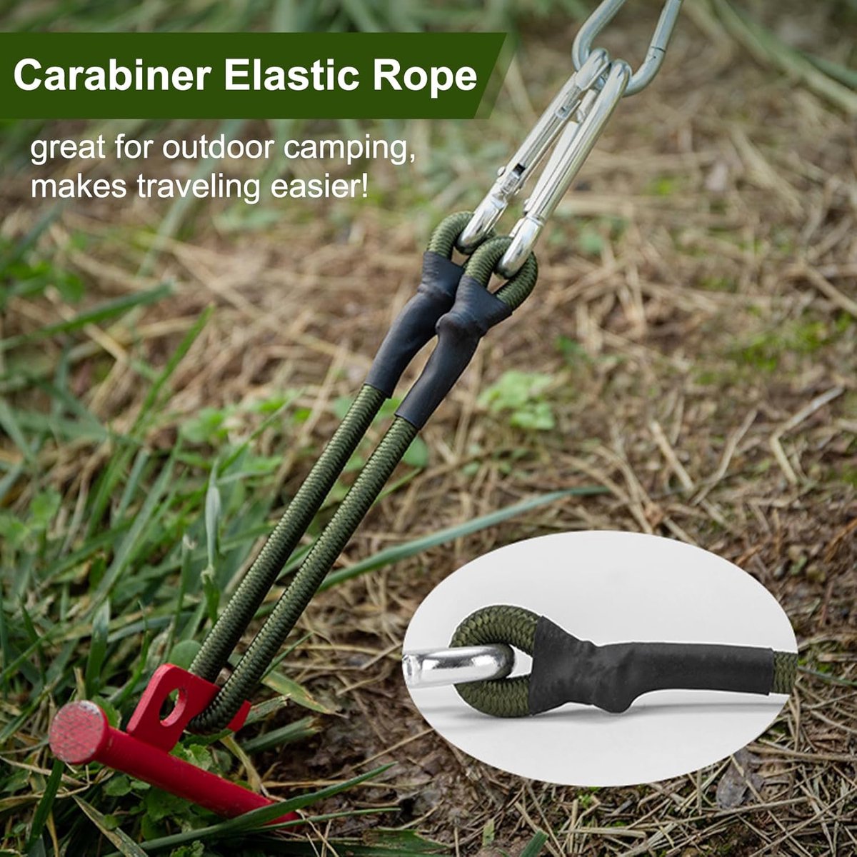 pieces - Elastic cord - with carabiner - 30 cm - Elastic luggage rope - Elastic bands - Luggage straps - Tie-down straps - Expander rope - Bungee cords - Carabiner elastic rope - for camping, sailing, tents, luggage, cars - green