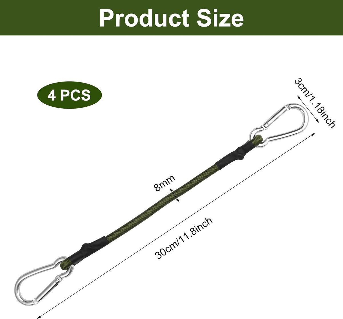 pieces - Elastic cord - with carabiner - 30 cm - Elastic luggage rope - Elastic bands - Luggage straps - Tie-down straps - Expander rope - Bungee cords - Carabiner elastic rope - for camping, sailing, tents, luggage, cars - green