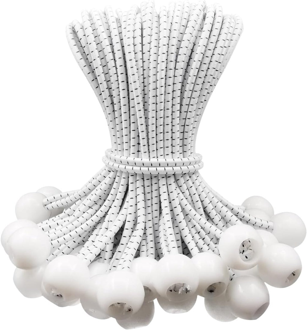 50 pieces - 6 inch - Elastic rope - Elastic cord - Tensioning elastic - tension cord - ball bungee cords - with balls - reusable - for golf nets, soccer goals, camping, tent poles, hose - white rope black spot - 150*22 mm