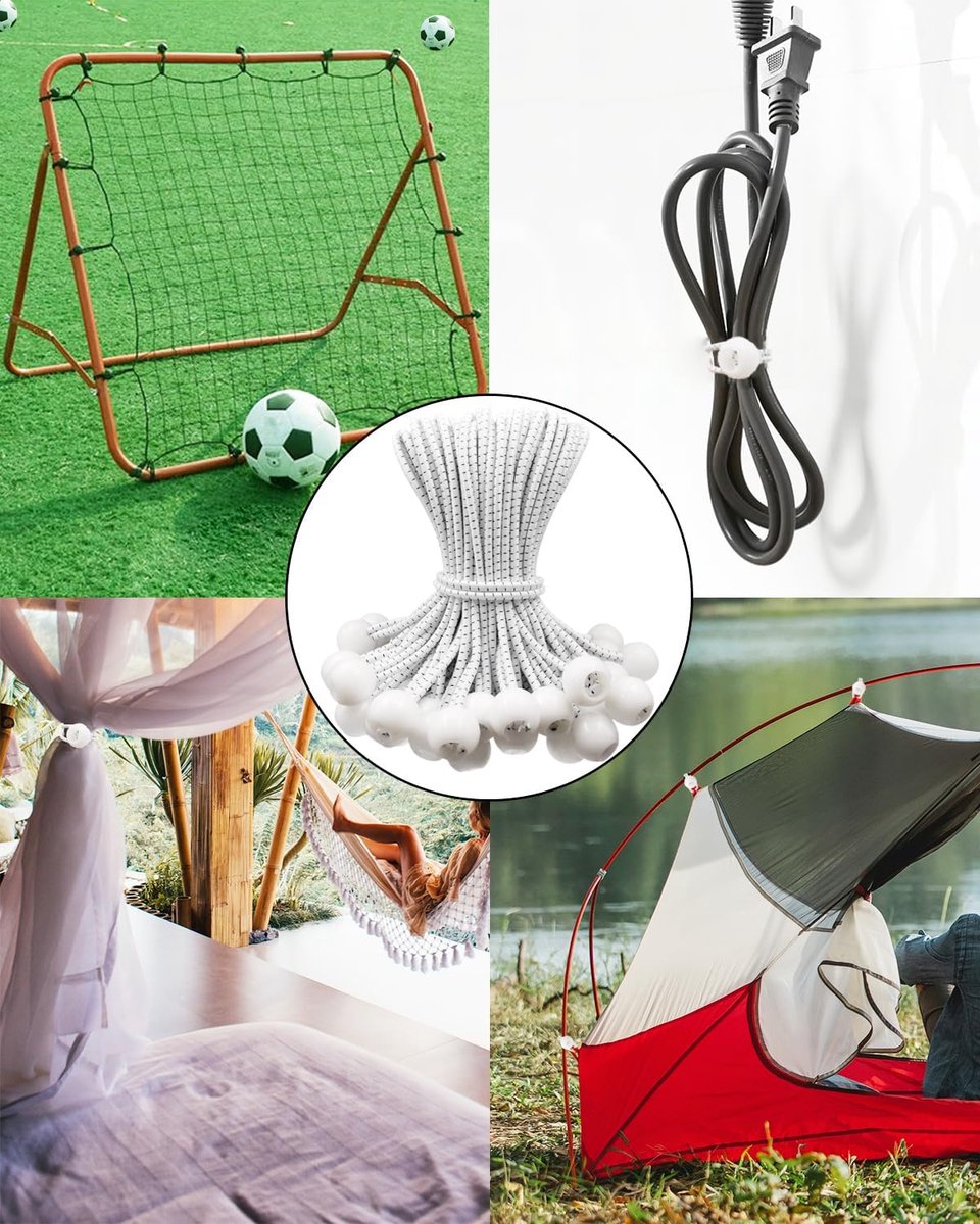50 pieces - 6 inch - Elastic rope - Elastic cord - Tensioning elastic - tension cord - ball bungee cords - with balls - reusable - for golf nets, soccer goals, camping, tent poles, hose - white rope black spot - 150*22 mm