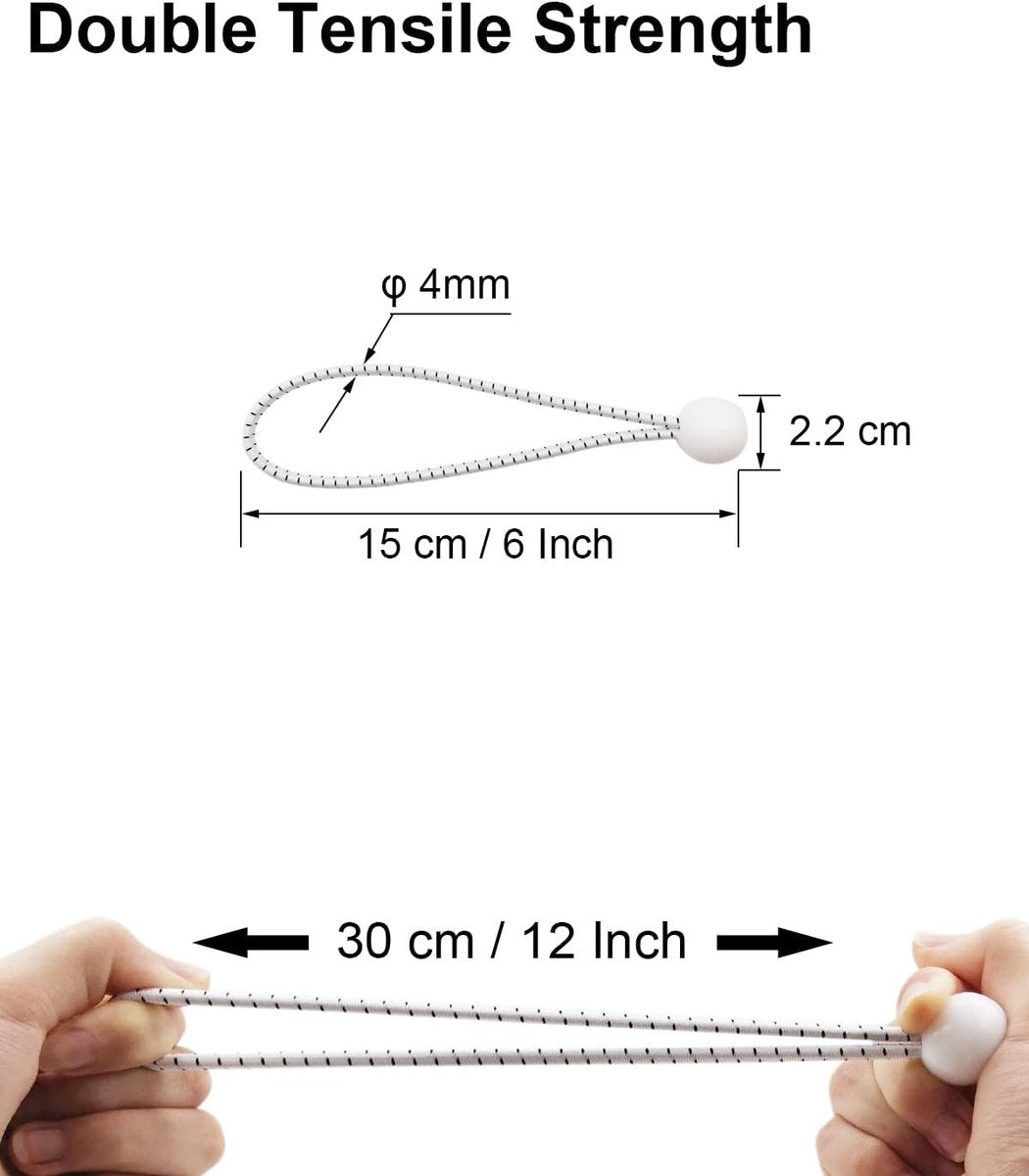 50 pieces - 6 inch - Elastic rope - Elastic cord - Tensioning elastic - tension cord - ball bungee cords - with balls - reusable - for golf nets, soccer goals, camping, tent poles, hose - white rope black spot - 150*22 mm