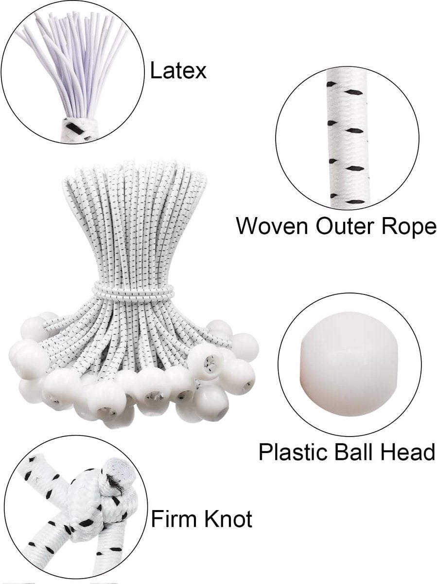 50 pieces - 6 inch - Elastic rope - Elastic cord - Tensioning elastic - tension cord - ball bungee cords - with balls - reusable - for golf nets, soccer goals, camping, tent poles, hose - white rope black spot - 150*22 mm