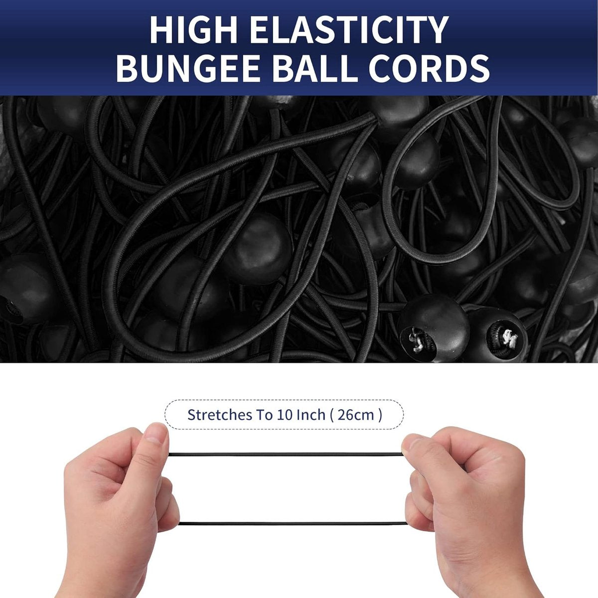 50 pieces - 6 inch - Elastic rope - Elastic cord - Tensioning elastic - tension cord - ball bungee cords - with balls - reusable - for golf nets, soccer goals, camping, tent poles, tubing - black - 150*22 mm
