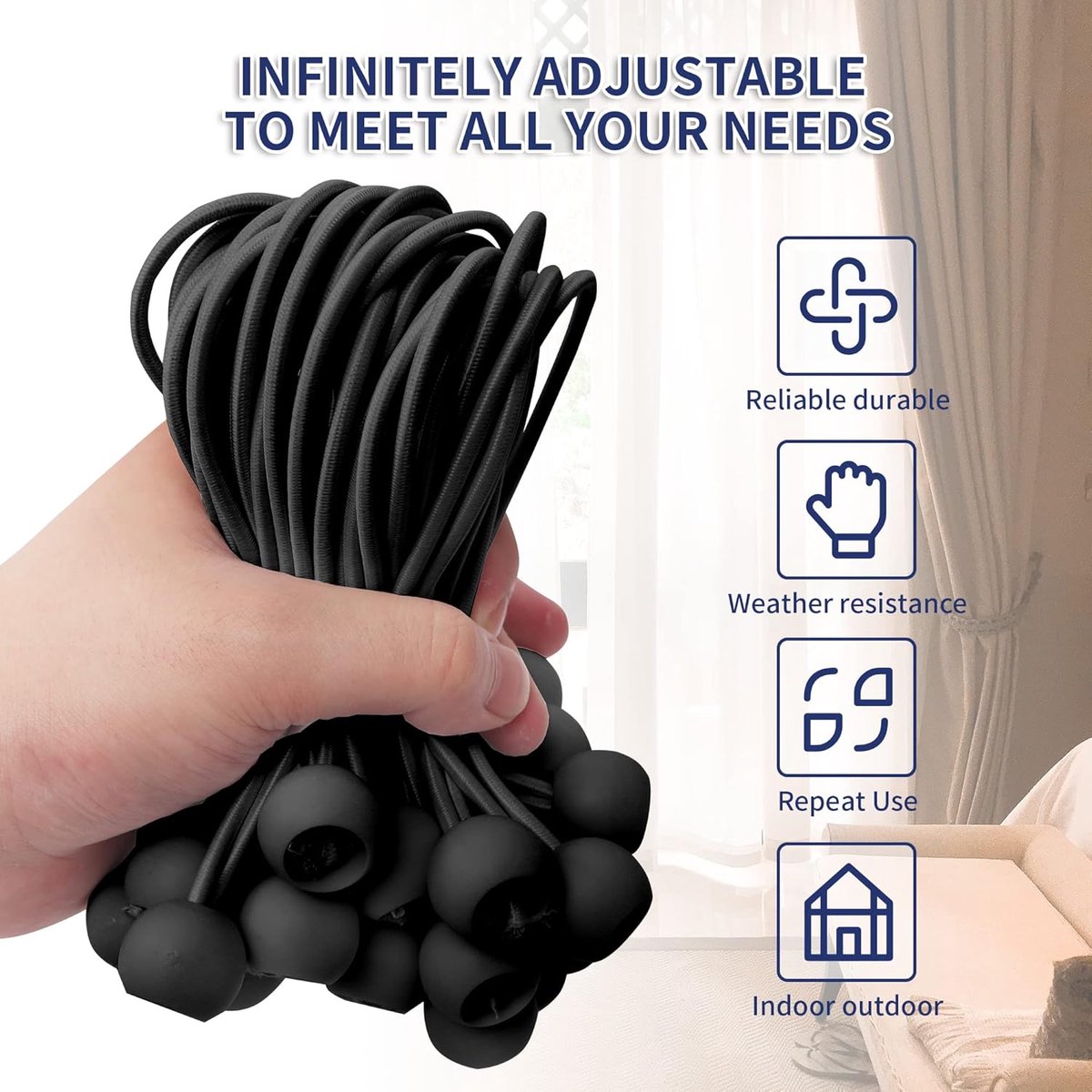 50 pieces - 6 inch - Elastic rope - Elastic cord - Tensioning elastic - tension cord - ball bungee cords - with balls - reusable - for golf nets, soccer goals, camping, tent poles, tubing - black - 150*22 mm