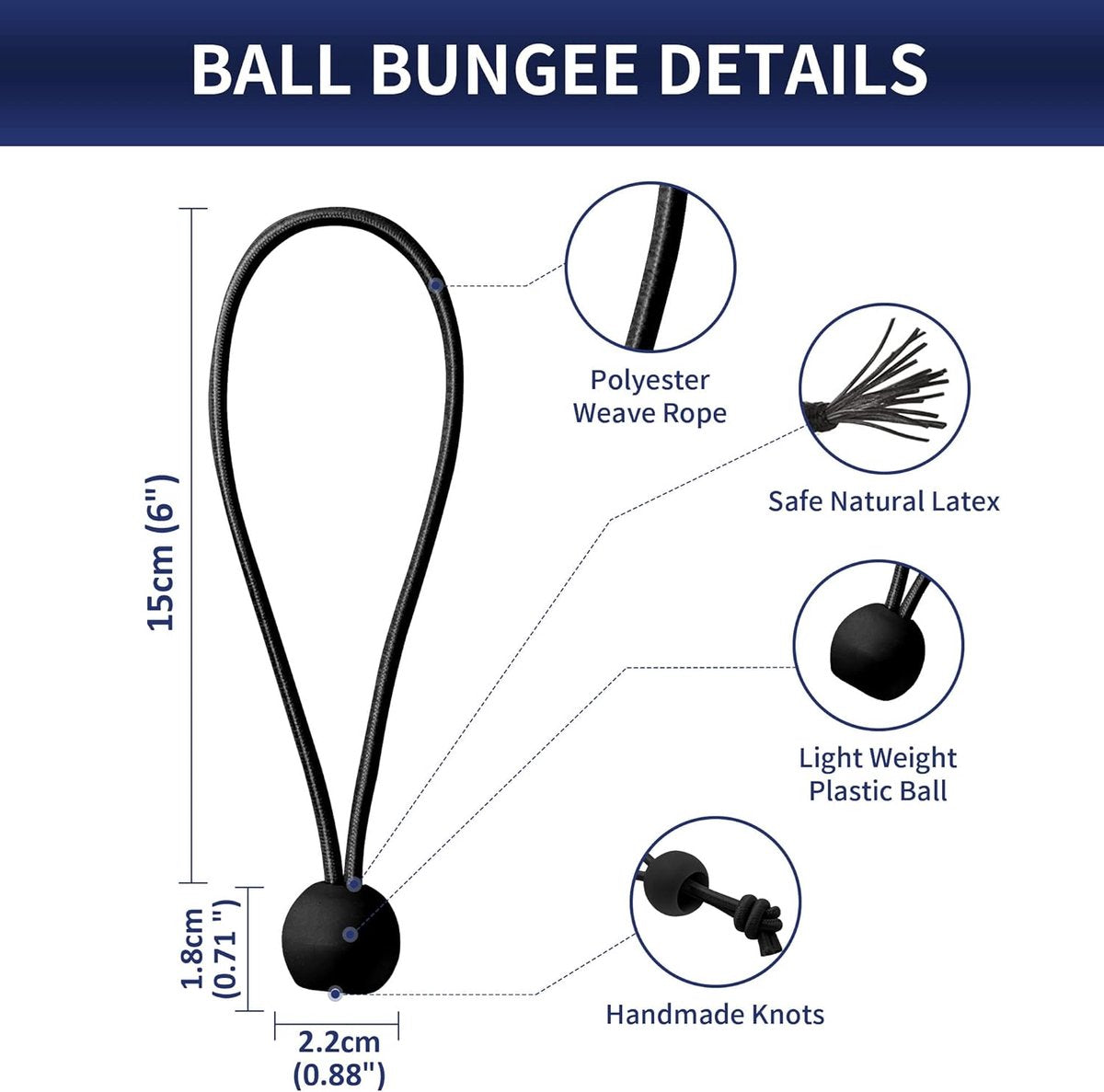 50 pieces - 6 inch - Elastic rope - Elastic cord - Tensioning elastic - tension cord - ball bungee cords - with balls - reusable - for golf nets, soccer goals, camping, tent poles, tubing - black - 150*22 mm