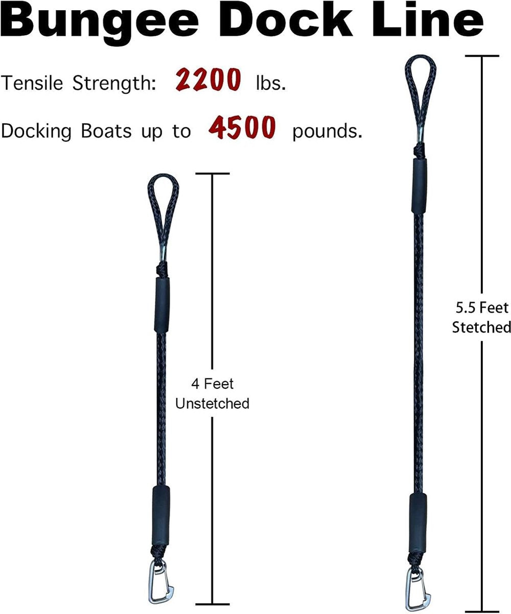 pieces - Boat rope - Mooring rope for boats - Stretch - Boat Bungee Dock Line with hook rope - Mooring line Boat equipment - Boat accessories - Mooring rope - for kayak, motorboat, canoe, pontoon - black