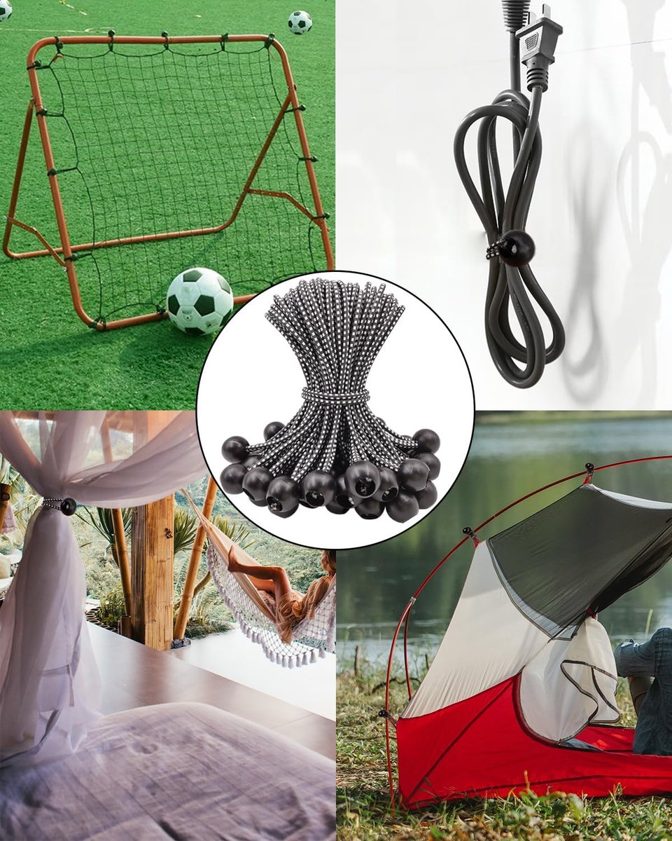 50 pieces - 6 inch - Elastic rope - Elastic cord - Tensioning elastic - tension cord - ball bungee cords - with balls - reusable - for golf nets, soccer goals, camping, tent poles, hose - black rope white spot - 150*22 mm