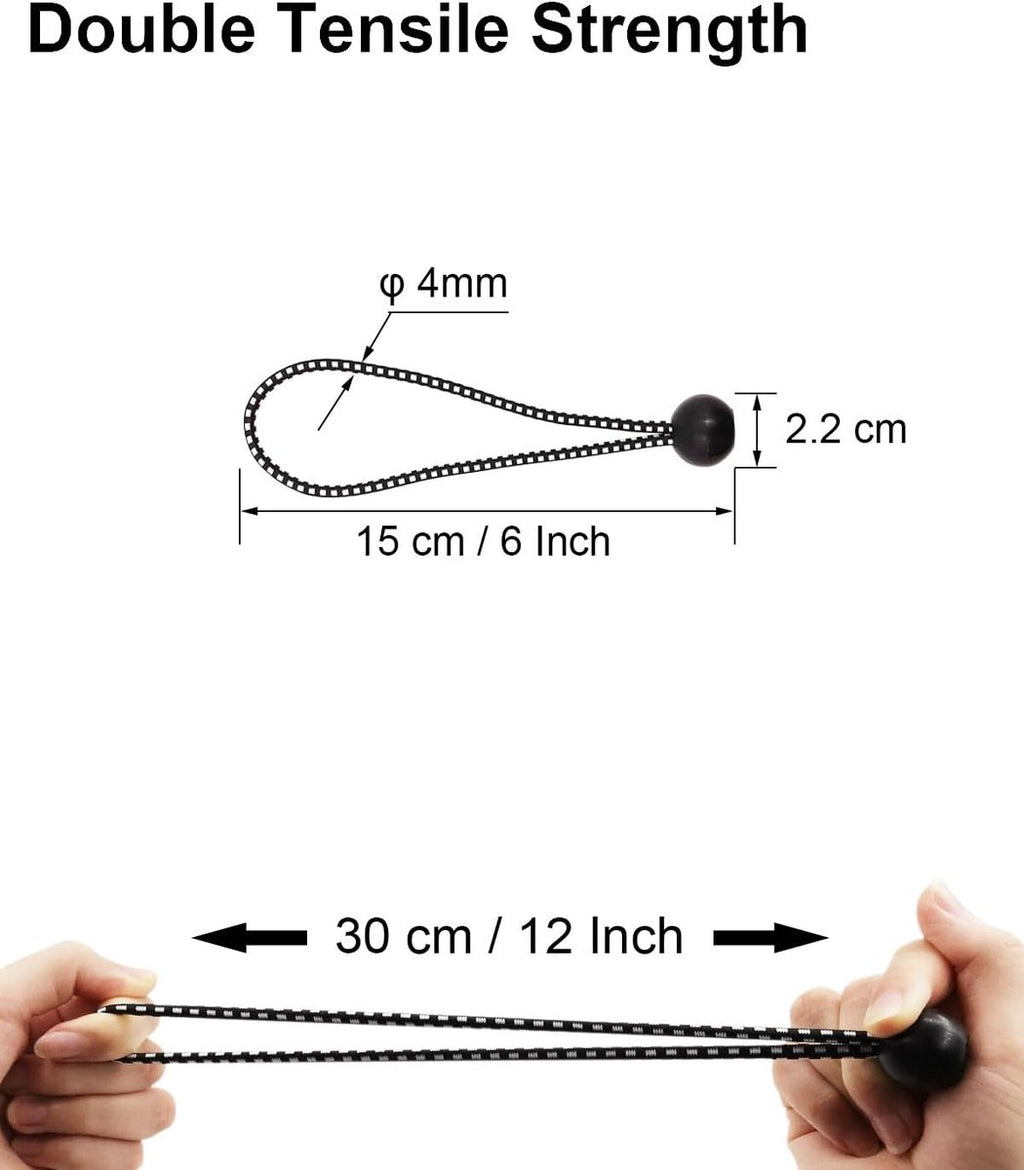 50 pieces - 6 inch - Elastic rope - Elastic cord - Tensioning elastic - tension cord - ball bungee cords - with balls - reusable - for golf nets, soccer goals, camping, tent poles, hose - black rope white spot - 150*22 mm