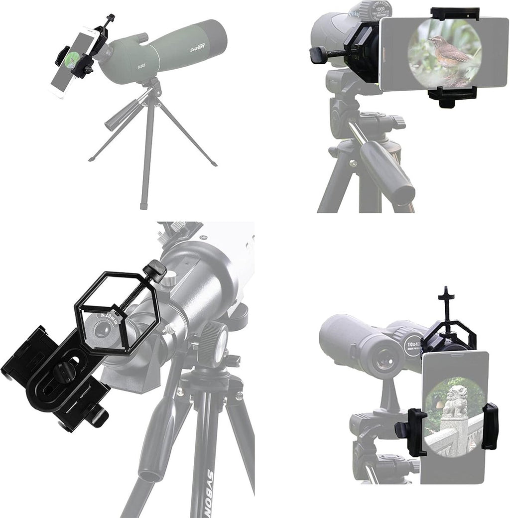 Universal Phone Holder for Telescope - For Eyepiece Diameter Ø 2.5 - 4.8cm - Mobile Phone Adapter Mount - Clip-on Design - For Spotter's Binoculars / Telescope - Adjustable - Black - ABS and Aluminum Alloy
