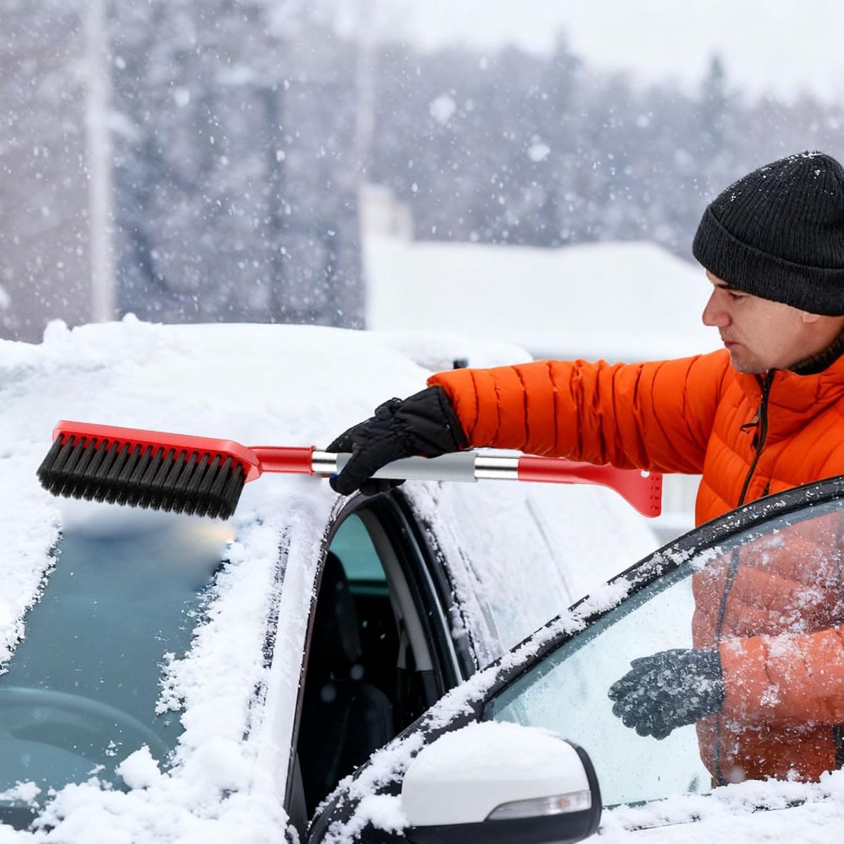 Long Handle Ice Scraper - Car Snow Brush - Plastic - Car Snow Brush with Ice Shovel - Snow Plow - Window Scraper - Defrost Brush - Removable - Winter Accessory - 62cm - Red