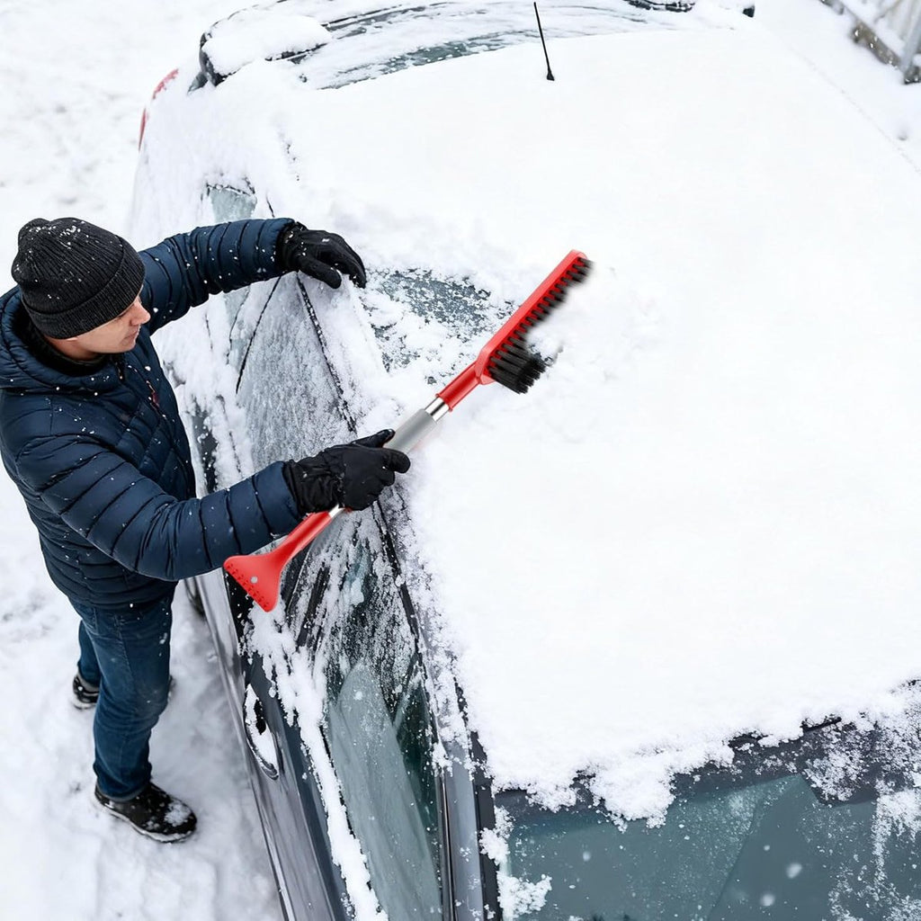 Long Handle Ice Scraper - Car Snow Brush - Plastic - Car Snow Brush with Ice Shovel - Snow Plow - Window Scraper - Defrost Brush - Removable - Winter Accessory - 62cm - Red