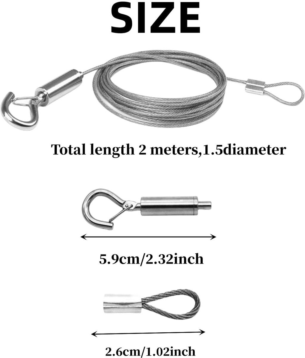 Steel Cable - 3 Pieces - Stainless Steel Single Hook - 2m*1.5mm - Durable - Outdoor and Indoor - Flexible and Durable - For Tent Rope, Clotheslines & Outdoor Lighting