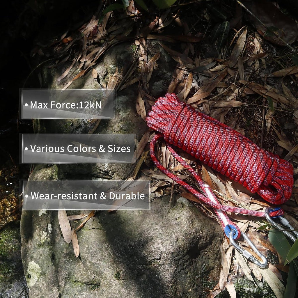 Rope - 10 Meters - 10mm Thickness - Includes Carabiner - Sturdy Climbing Rope for Magnet Fishing - Red - Escape Fire Rescue Rope - Climbing Rope