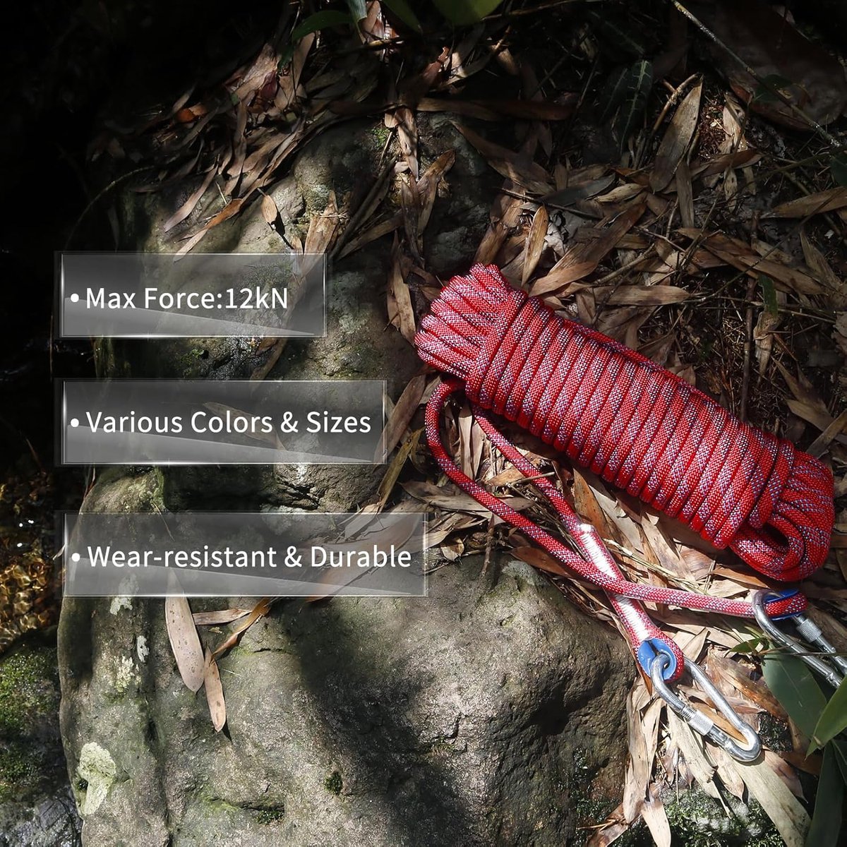 Rope - 10 Meters - 10mm Thickness - Includes Carabiner - Sturdy Climbing Rope for Magnet Fishing - Red - Escape Fire Rescue Rope - Climbing Rope