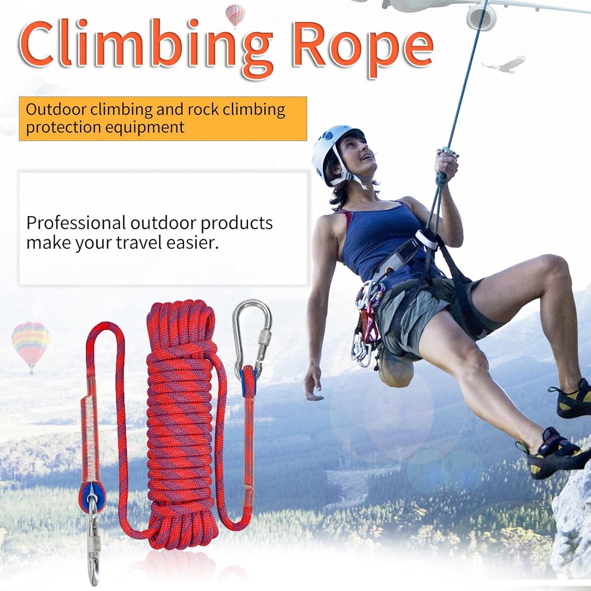 Rope - 10 Meters - 10mm Thickness - Includes Carabiner - Sturdy Climbing Rope for Magnet Fishing - Red - Escape Fire Rescue Rope - Climbing Rope