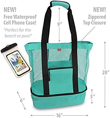 Mesh Beach Tote Bag with Detachable Insulated Beach Cooler Compartment Waterproof Sandproof Picnic Pool Bag, Black, Large