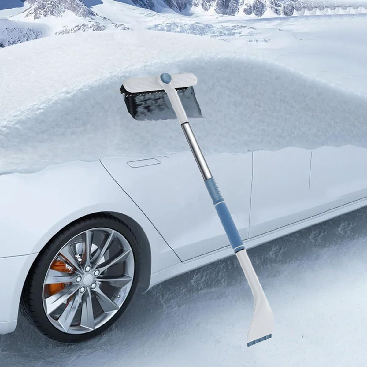 3-in-1 Snow Brush and Ice Scraper for Car Windows - Extendable Snow Remover - 360° Rotating Snow Brush and Ice Scraper with Long Handle (White)