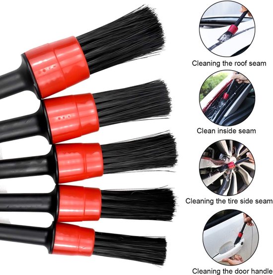 5-Piece Car Cleaning Brush Set - Car Detailing Brush Set - For cleaning rims - Dashboard - Interior - Exterior - Leather - Air vent logos