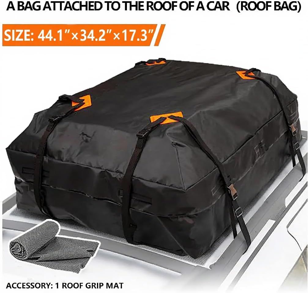Soft Roof Top Cargo Bag with Anti Slip Mat, Waterproof Car Roof Storage Carrier for Bare Roofs and Roof Racks, Black, 112 x 87 x 44 cm