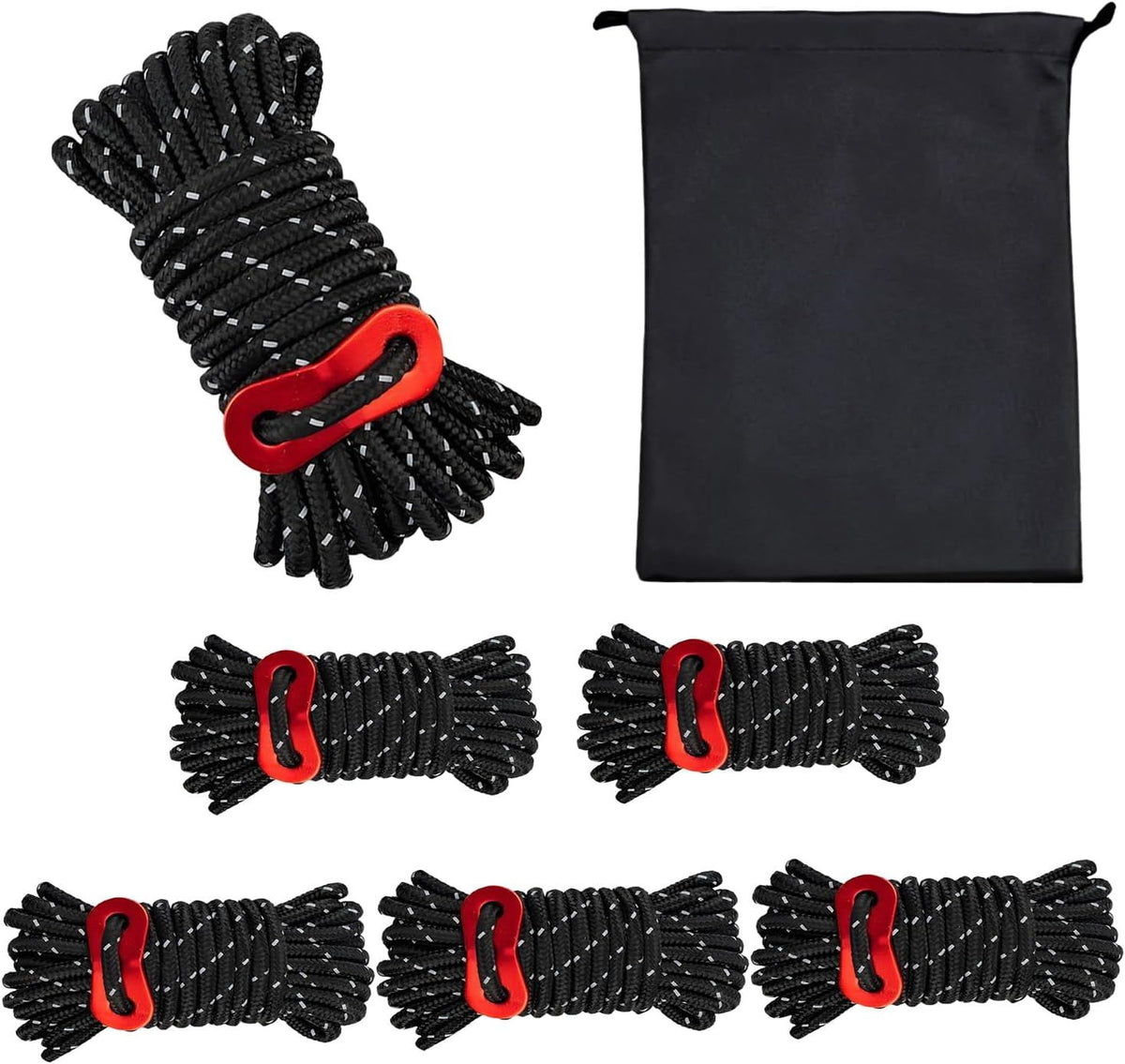 6 Pack Tent Guy Lines with Aluminium Tensioners, Lightweight Reflective Camping Cord for Tents, Tarps, Canopies and Outdoor Shelters, Black