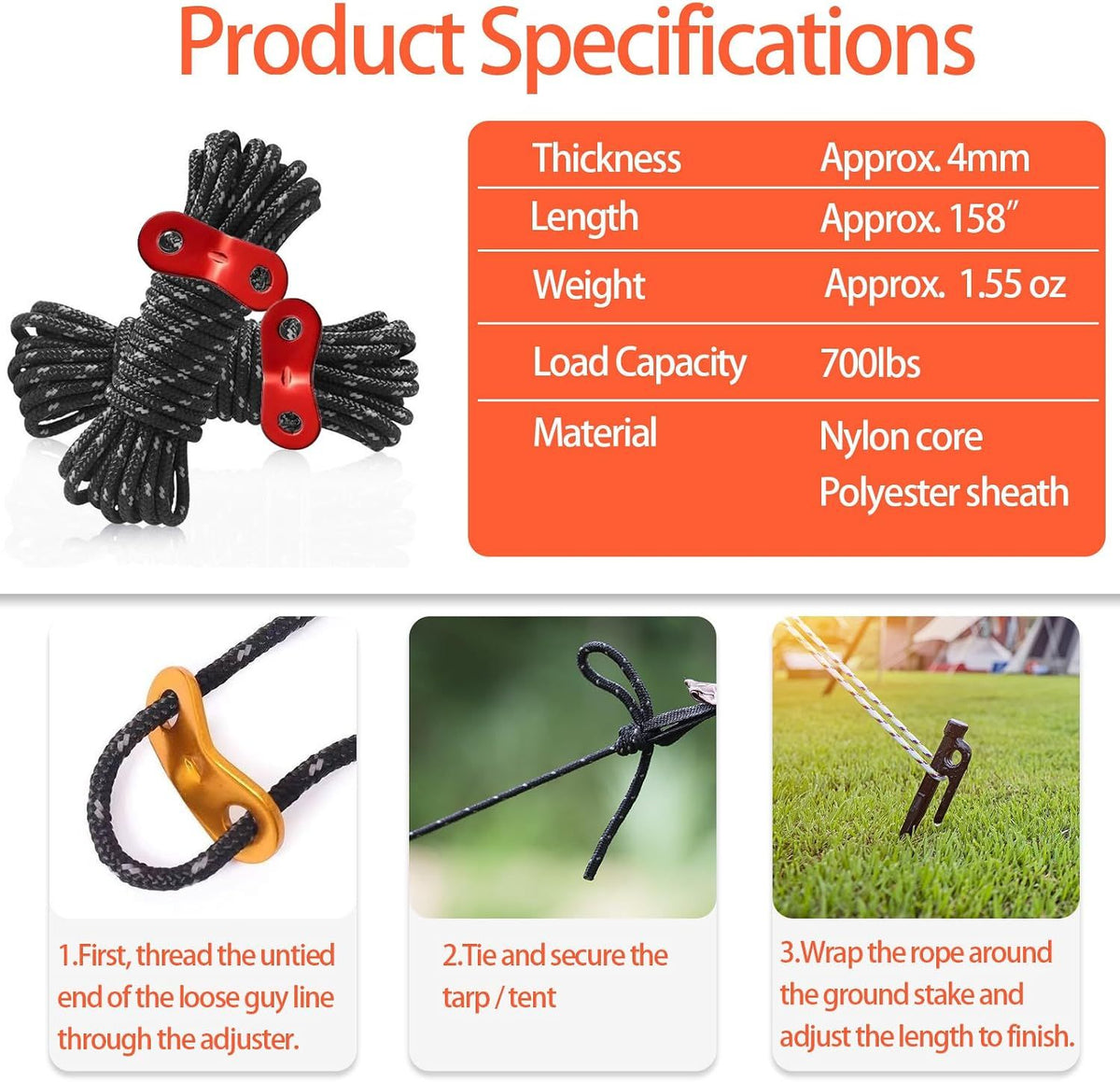 6 Pack Tent Guy Lines with Aluminium Tensioners, Lightweight Reflective Camping Cord for Tents, Tarps, Canopies and Outdoor Shelters, Black