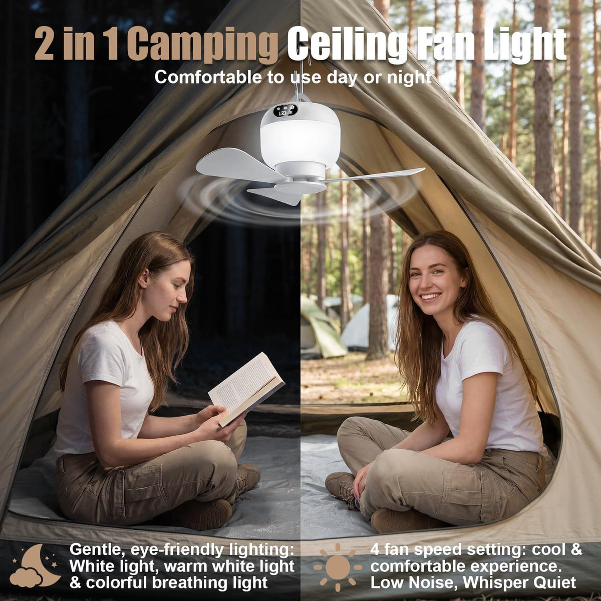 Rechargeable Camping Fan with Light and Remote, Portable Hanging Tent Fan with 3 Speeds, 3 Light Modes and Timer for Travel and Outdoors